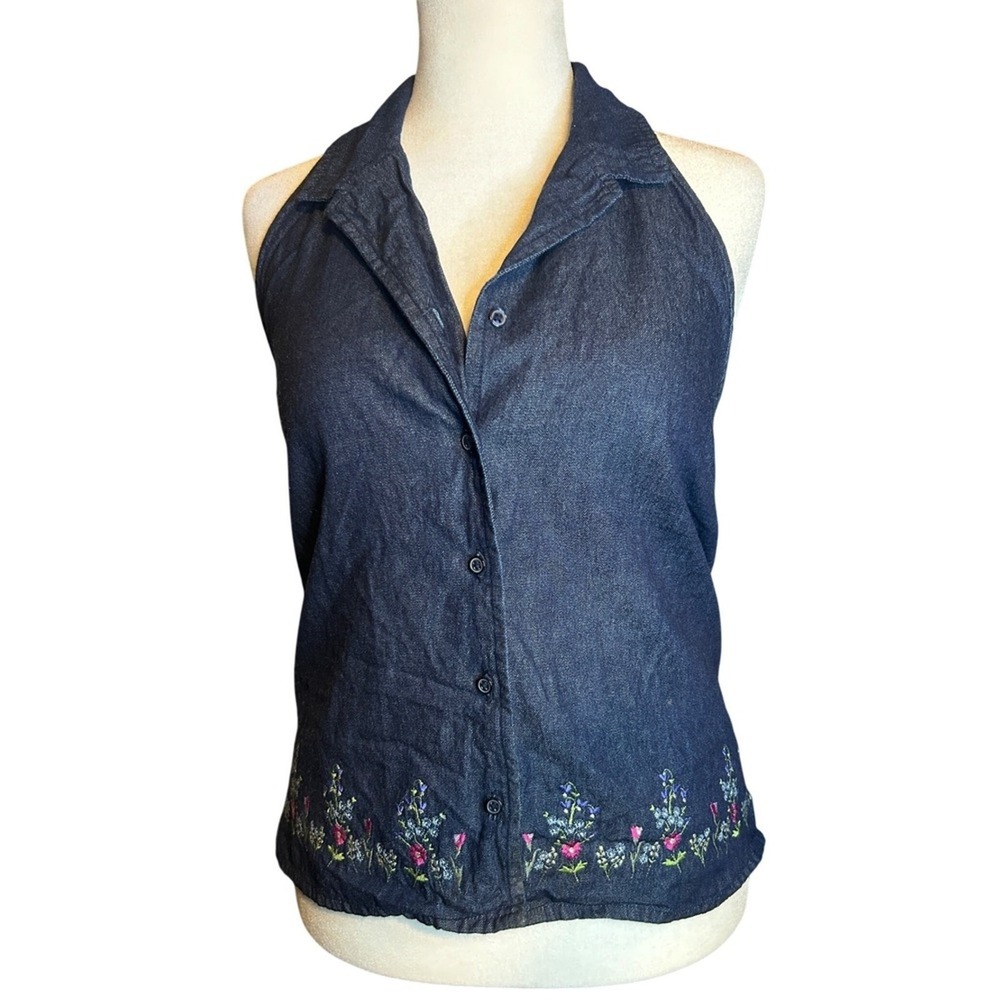 Faded Glory Womens Halter Top Size L Large Embroidered Denim Cottagecore Floral